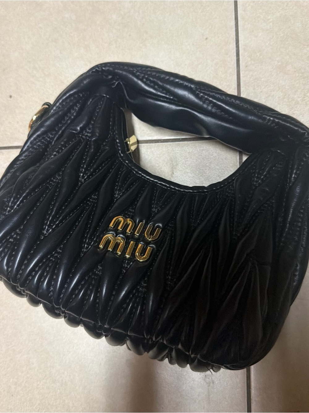 Miu Miu Black Quilted Ruched Shoulder Bag with Gold Logo